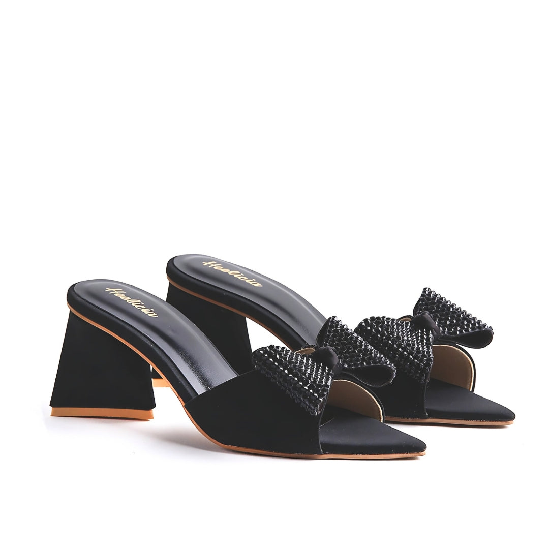 Vionna Pearl Bow Heel Slipper - Black