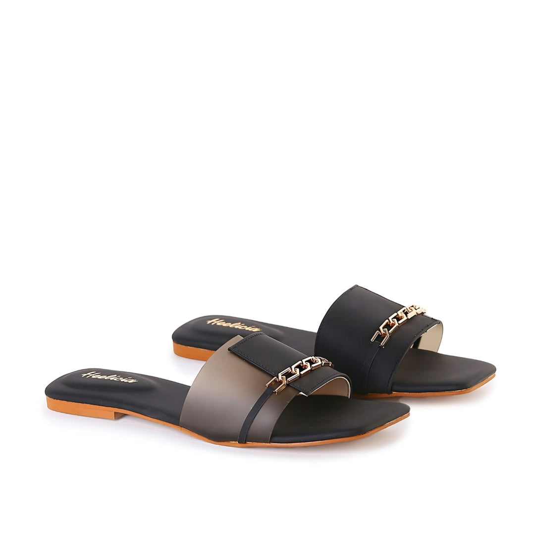Fresina Chain Flat Slippers - Black