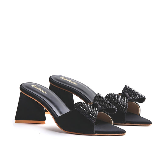 Vionna Pearl Bow Heel Slipper - Black